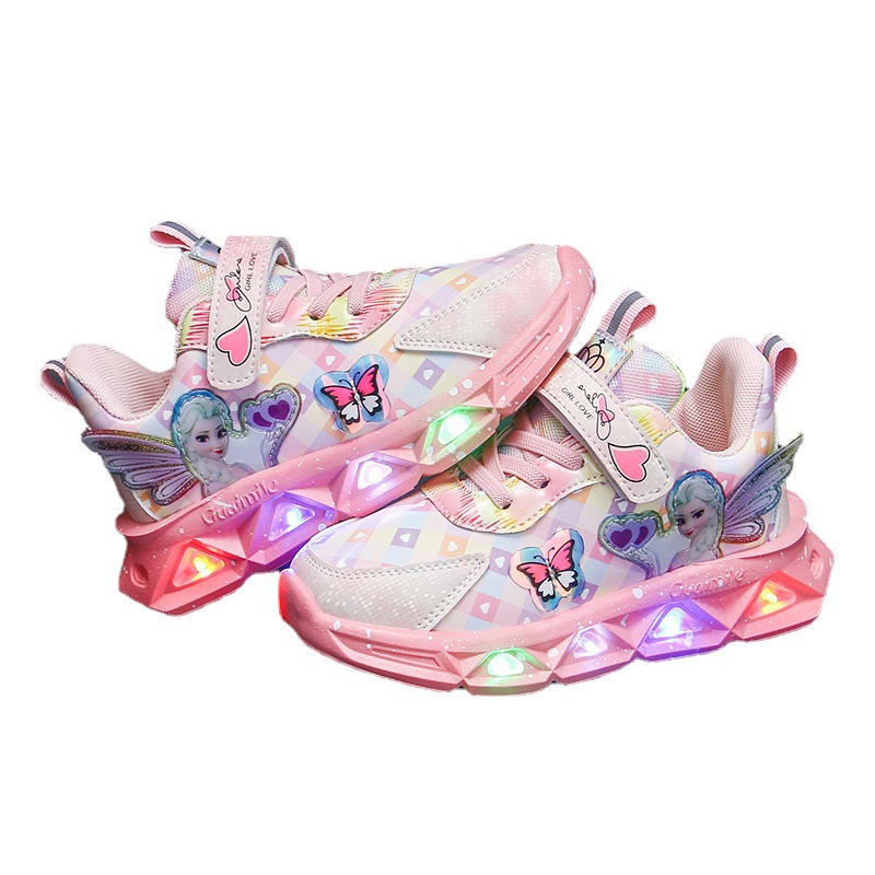 Girls' Shoes with Light 2023 Autumn and Winter New Leather Warm Lightweight Children's Sneakers Small, Medium and Large Children's Princess Shoes