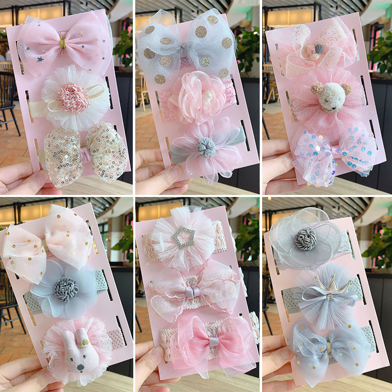 European and American bow flower hair band children's lace headdress flower hair accessories three-piece set baby baby hair accessories headband