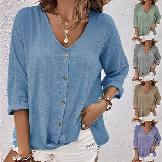 2023 Amazon cross-border foreign trade Europe and the United States new V-neck pullover short sleeve loose women's shirt casual top