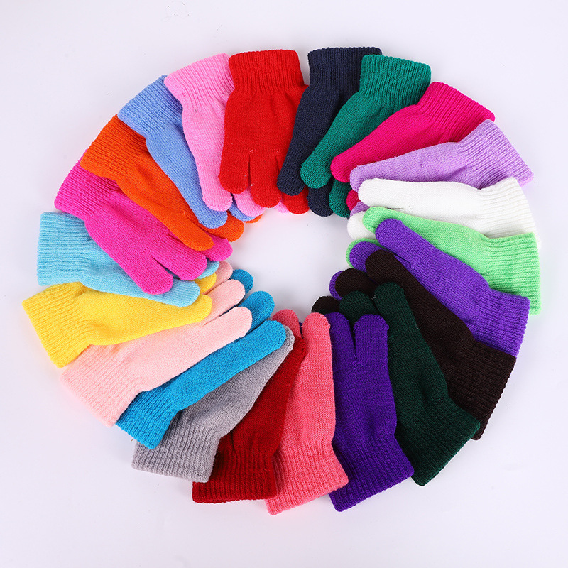 Cross-border pure color warm knitted children's gloves outdoor riding pure color five-finger student gloves with LOGO
