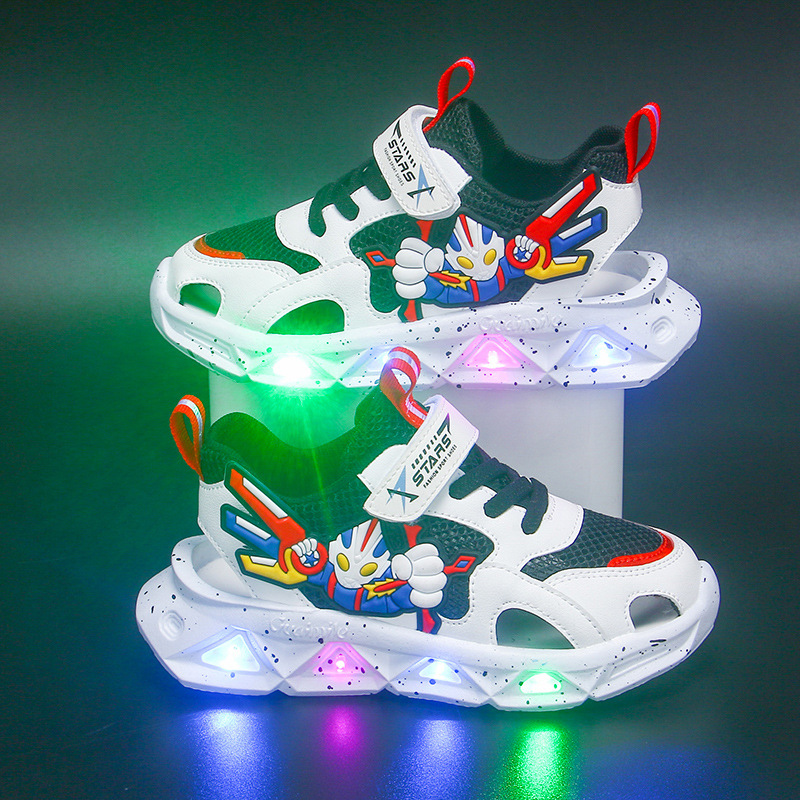 Children's sports sandals with lights men's 2024 Summer new boys' sandals children's mesh Hollow Beach shoes
