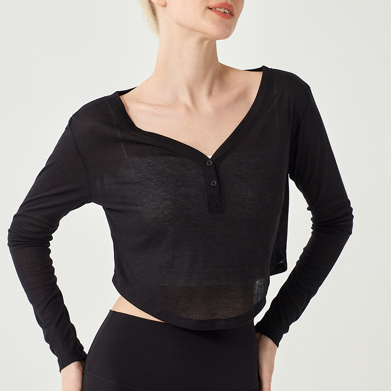 Loose V-neck yoga clothes long-sleeved T-shirt casual draping outer wear fitness top women's lightweight quick-drying sports blouse