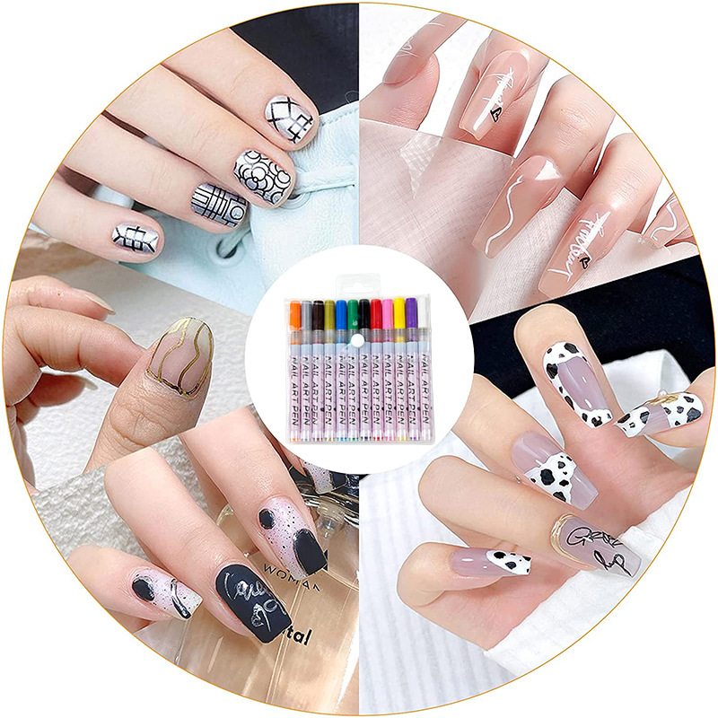 Tiktok 12 Color Nail Pen Painted Painting Nail Painting Point Flower Needle Pen DIY Hand Account Gouline Pen Nail Painting Pen