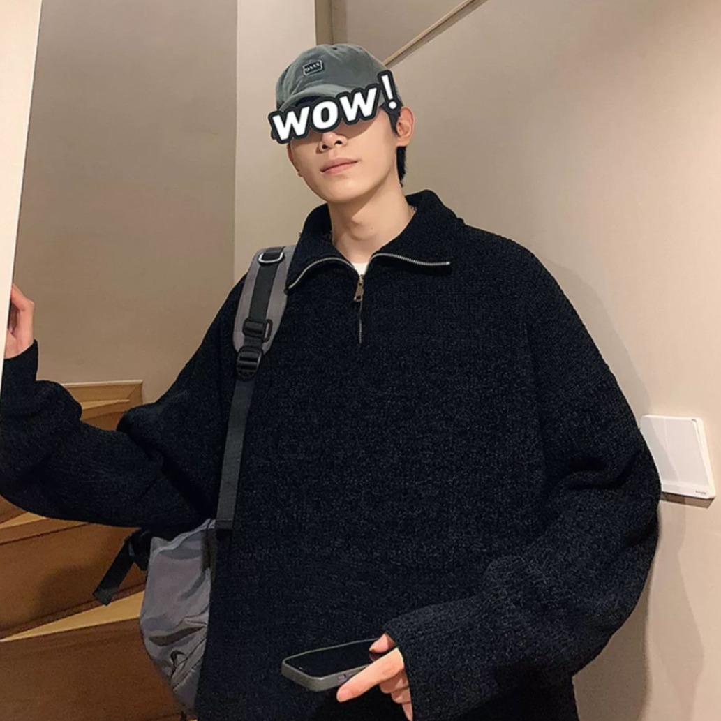 Half Turtleneck Zipper Sweater Men's Autumn Korean Style Fashionable Loose Knitted Sweater Heavy Trendy Brand Casual Couple's Sweater
