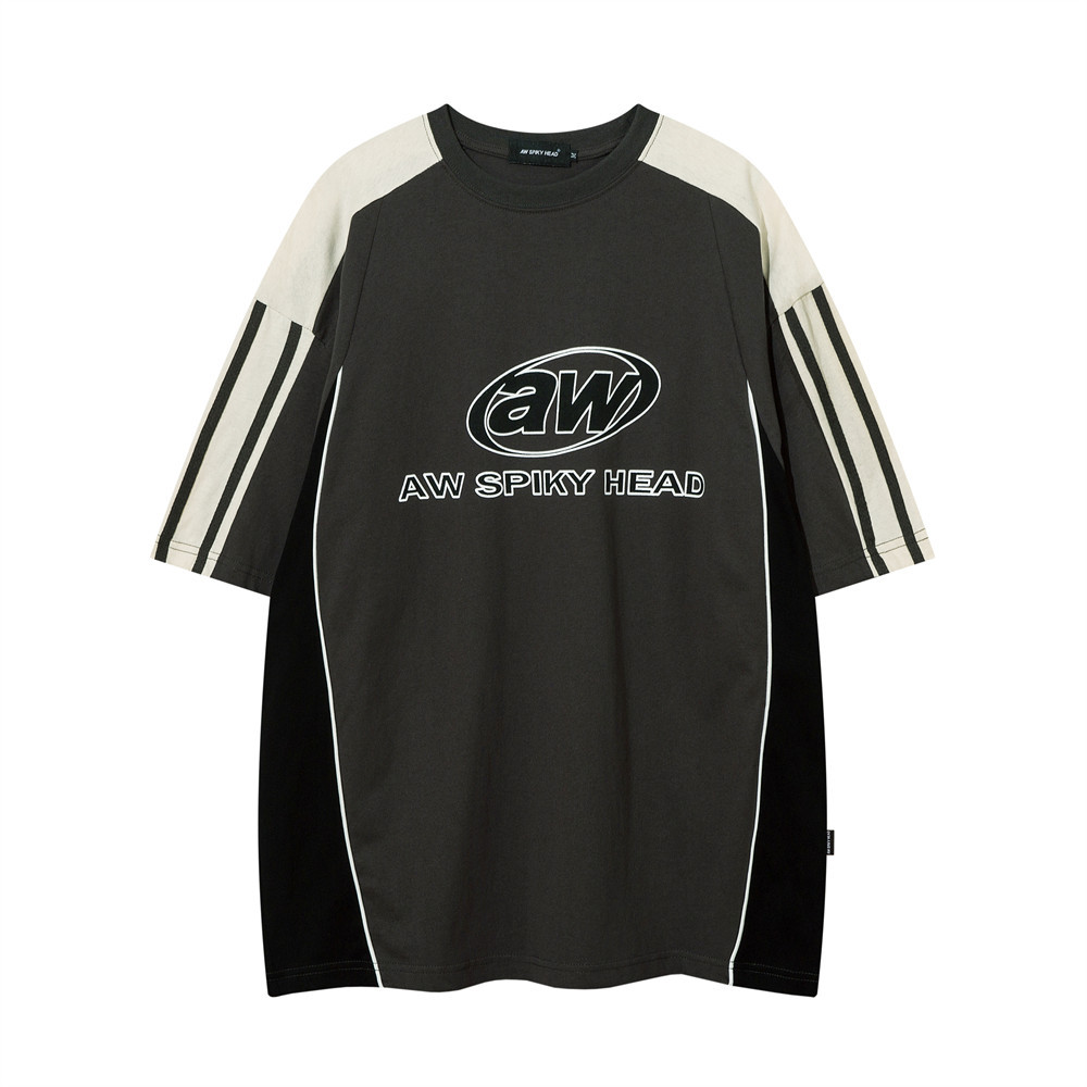 American sports stitching short sleeve T-shirt men's summer loose cotton half sleeve ins street fashion letter half sleeve t-shirt