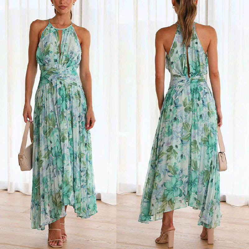 Cross-border Independent Station Amazon 2023 Summer Women's Hanging Neck Sleeveless V-Neck Printed Large Swing Dress