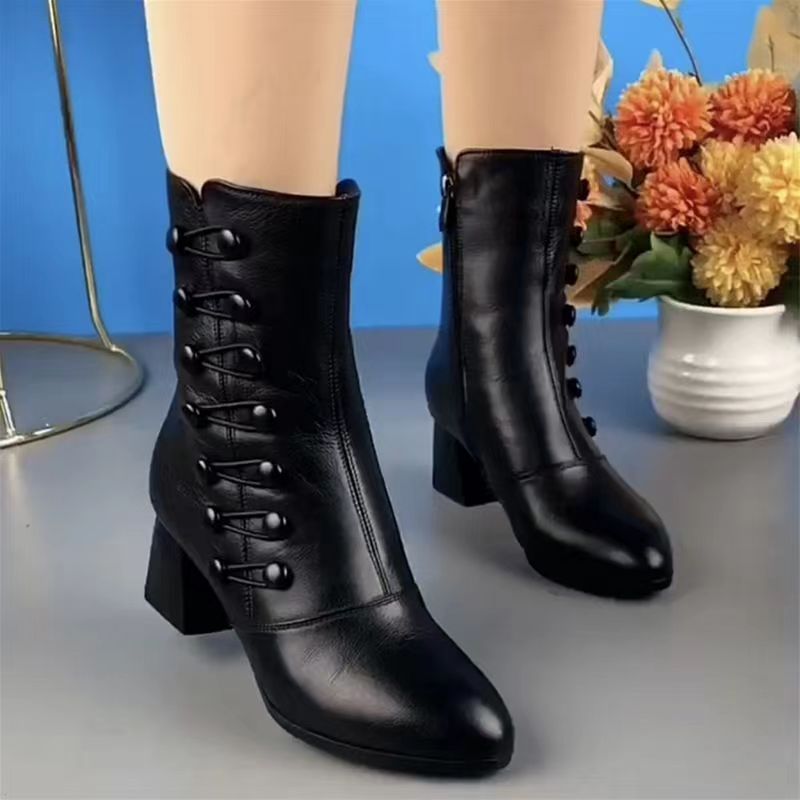 2023 dünne Stiefel aus weichem Leder, kurze Stiefel, Damen, Herbst- und Wintermode, mittlerer Absatz, mittlere Wade, weiche Unterseite, Mutter-Kurzstiefel, Martin-Stiefel_voghion.com