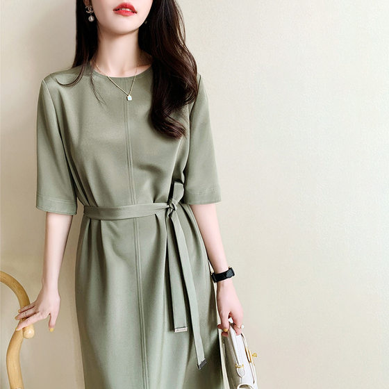 French style half-length dress 2023 Summer new design sense niche fashion light mature style solid color round neck midi dress