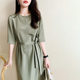 French style half-length dress 2023 Summer new design sense niche fashion light mature style solid color round neck midi dress