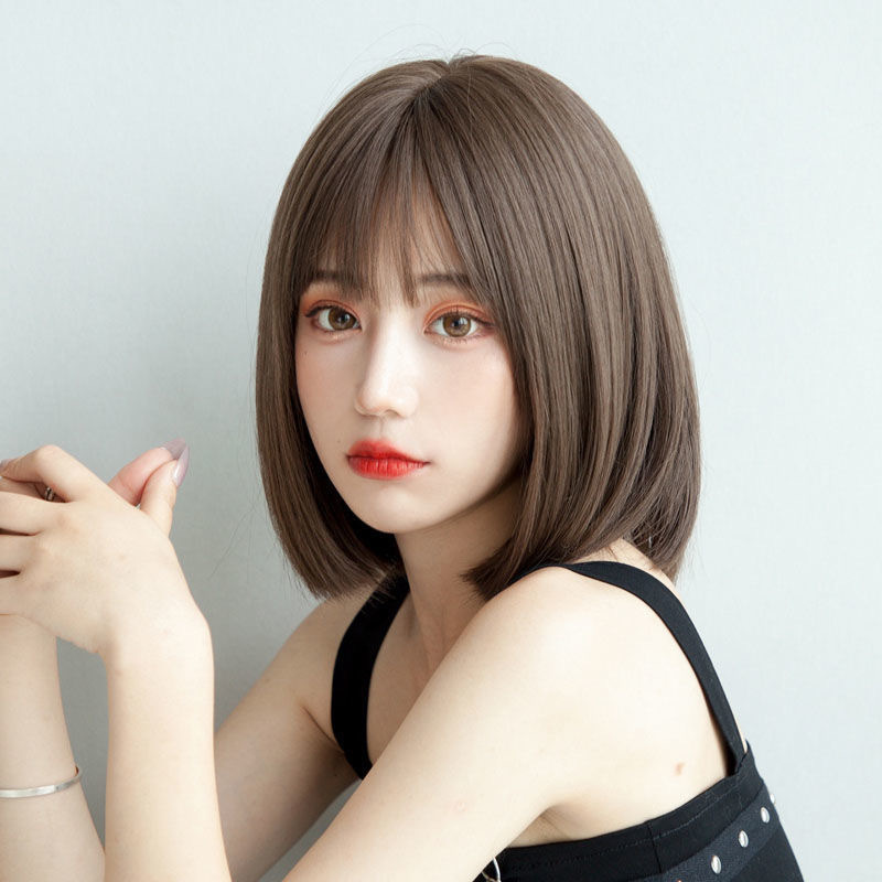 Women's Internet Celebrity bobo Head Short Straight Hair Temperament Inner Buckle Korean Style Girl's Full Head Cover Hair Set Air Bangs Fake Head Cover