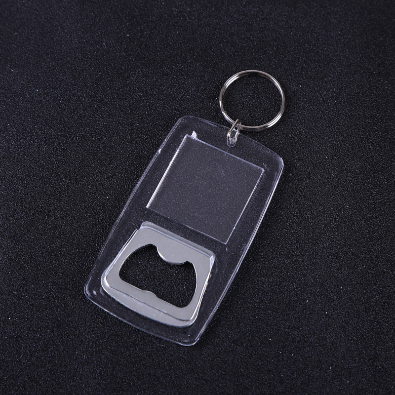 Factory spot wholesale large size transparent plastic keychain studio photo frame key ring pendant bottle opener