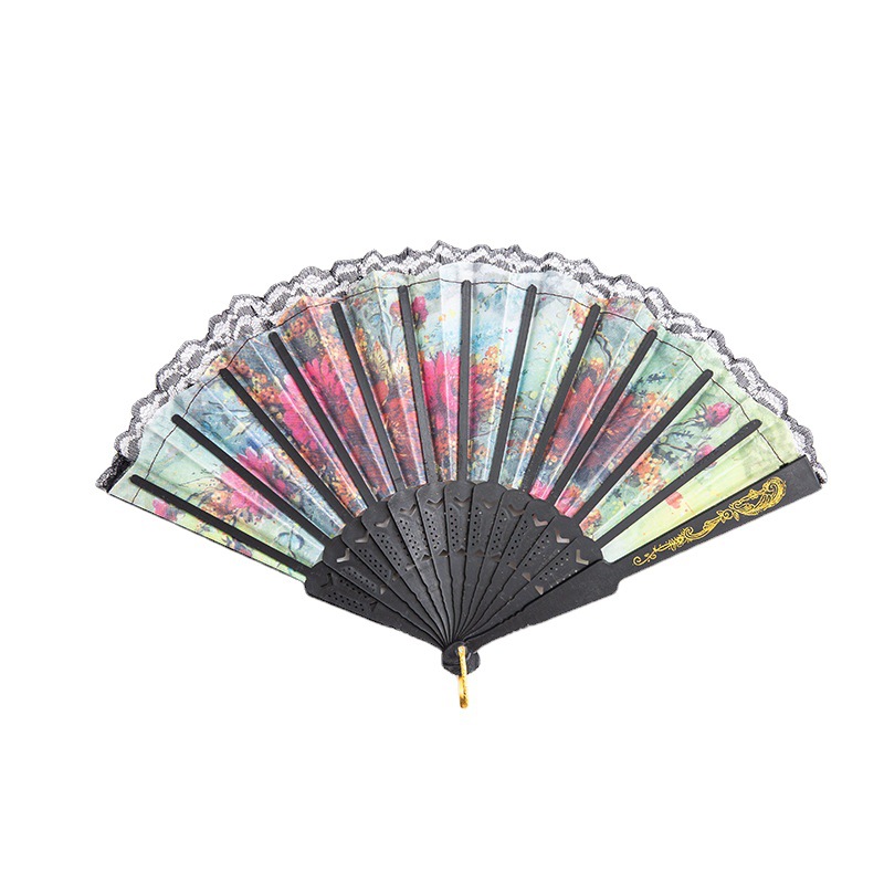Spanish black lace folding fan craft lace folding fan summer antique silk cloth open screen fan two yuan wholesale self-produced and self-sold