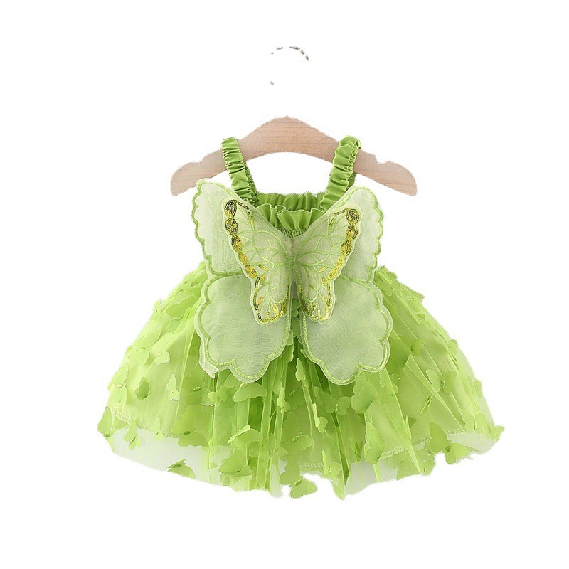 Girls Party Princess Back Butterfly Wings Dress 2023 Summer New Children's Performance Embroidered Mesh Dress