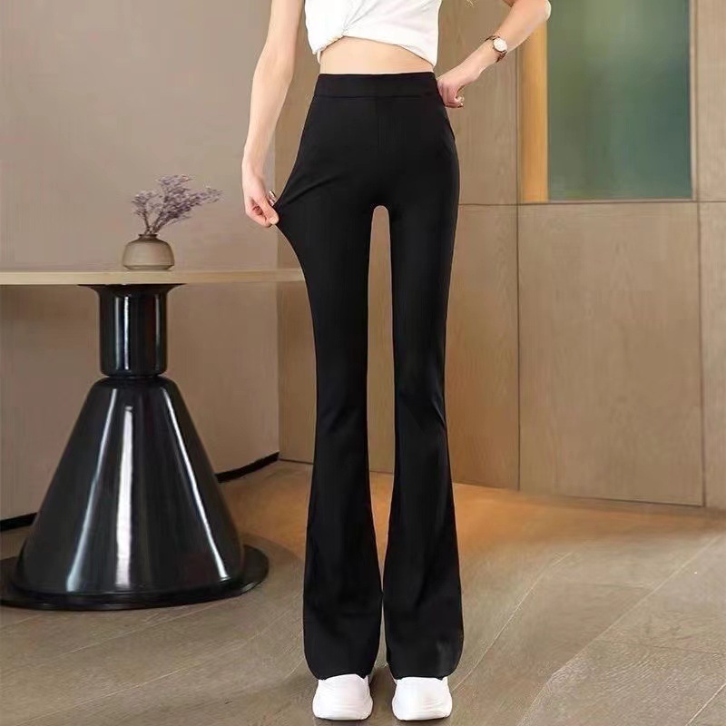 A generation of black fleece-lined padded flared pants women's high waist elastic leggings tight micro horn pants long pants