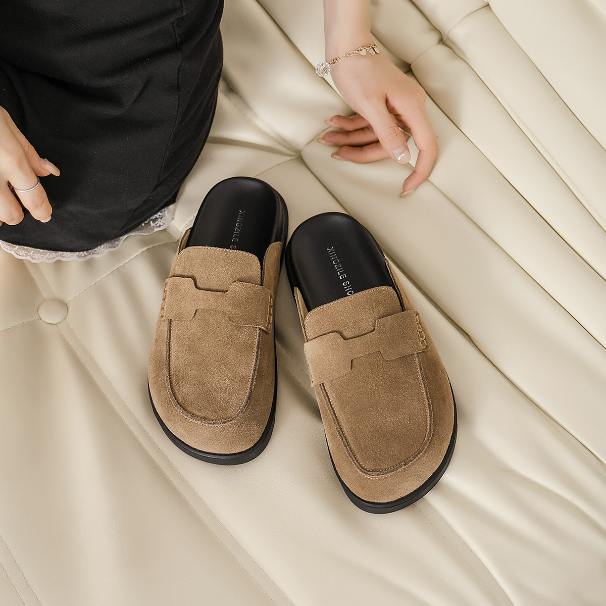Genuine Leather Second Uncle Bocken Shoes Women's Baotou Half Slippers 2025 New Spring and Summer Outer Wear Soft-soled Thick Sole Lazy Shoes