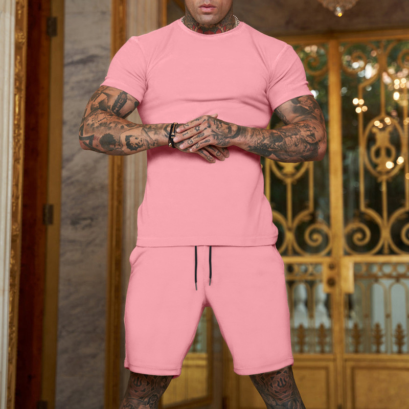 2023 new European solid color short sleeve shorts sports suit summer spot men's suit genuine printable log