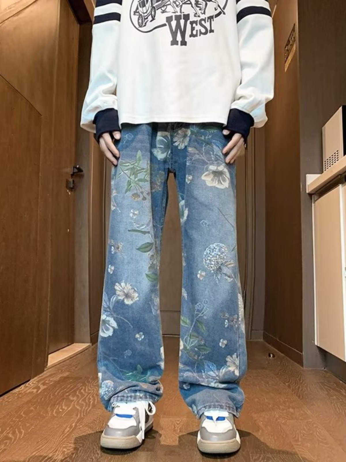 American high street washed jeans men's design sense niche fashion brand retro street hip hop casual wide leg trousers