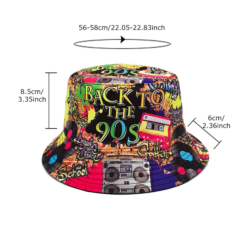 Chapeau de pêcheur à motif de ruban adhésif rétro nostalgique européen et américain des années 80 et 90 pour femme, chapeau de protection solaire d'extérieur double face pour printemps et été_voghion.com