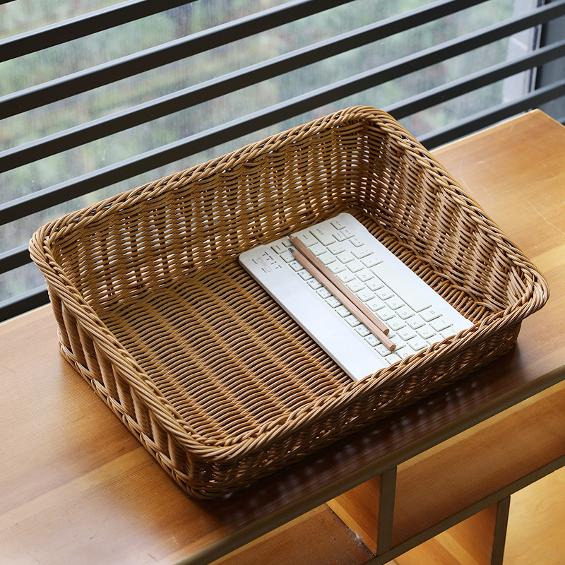 日本式デスクトップ収納かご雑誌かごプラスチック藤編スーパー果物野菜陳列展示かご果物パンかご|undefined