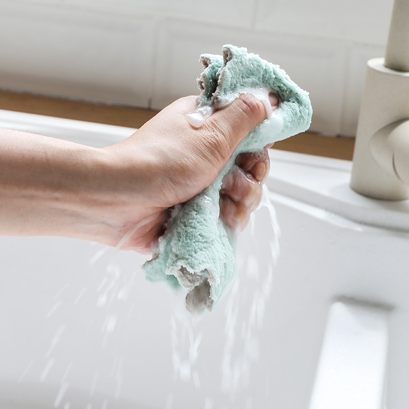 T wholesale plain double-sided strong absorbent cloth lint-free and oil-free coral fleece dishwashing dry and wet dishwashing cloth