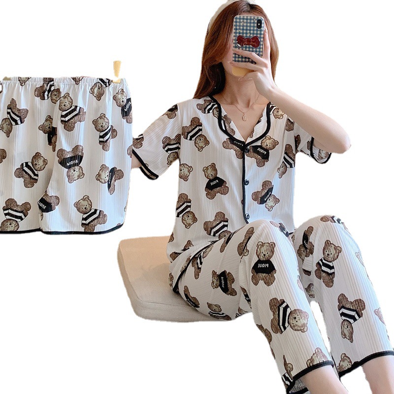 Pajamas Women's Summer Short-sleeved Pants Three-piece Set Cartoon Bear Pull Edge Loose Pit Milk Silk Foreign Trade Live Broadcast Set