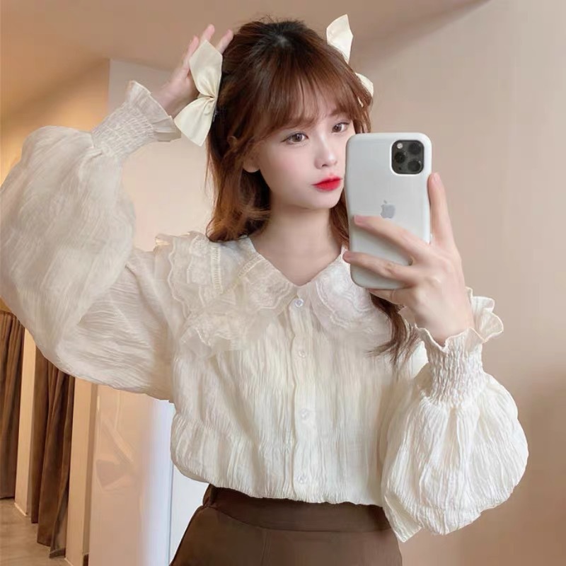 Very Fairy Top Sweet Age-reducing Doll Collar Chiffon Shirt Women's Spring and Autumn Design Sense Small Foreign Style Inner Shirt