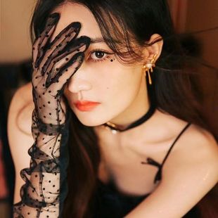 Black Poll Dot Gloves Tulle Women's Dress Dinner Full Finger Long Gloves Summer Sexy Shade Photo Gloves