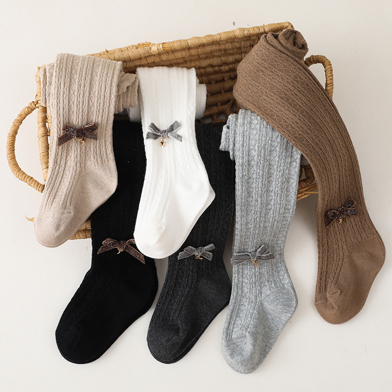 Cross-border children's pantyhose wholesale 2021 autumn double needle stripe bow girls leggings cotton children's pantyhose