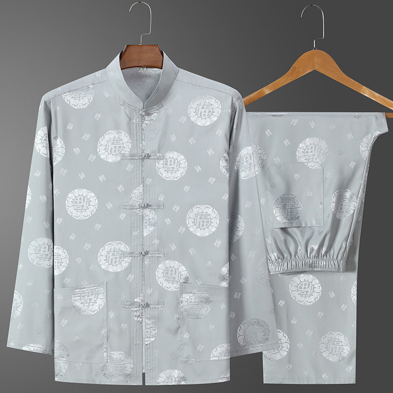 Old Man Tang Suit Men's Ice Silk Long Sleeve Summer Middle-aged and Old People's Birthday Grandpa Suit Chinese Style Dad Spring and Autumn Suit