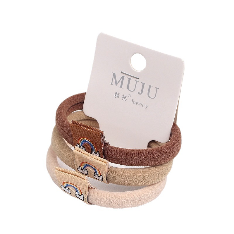 Korean style simple hair accessories milk tea color seamless hair band cute cloth label hair rope 3 cards head rope rubber band