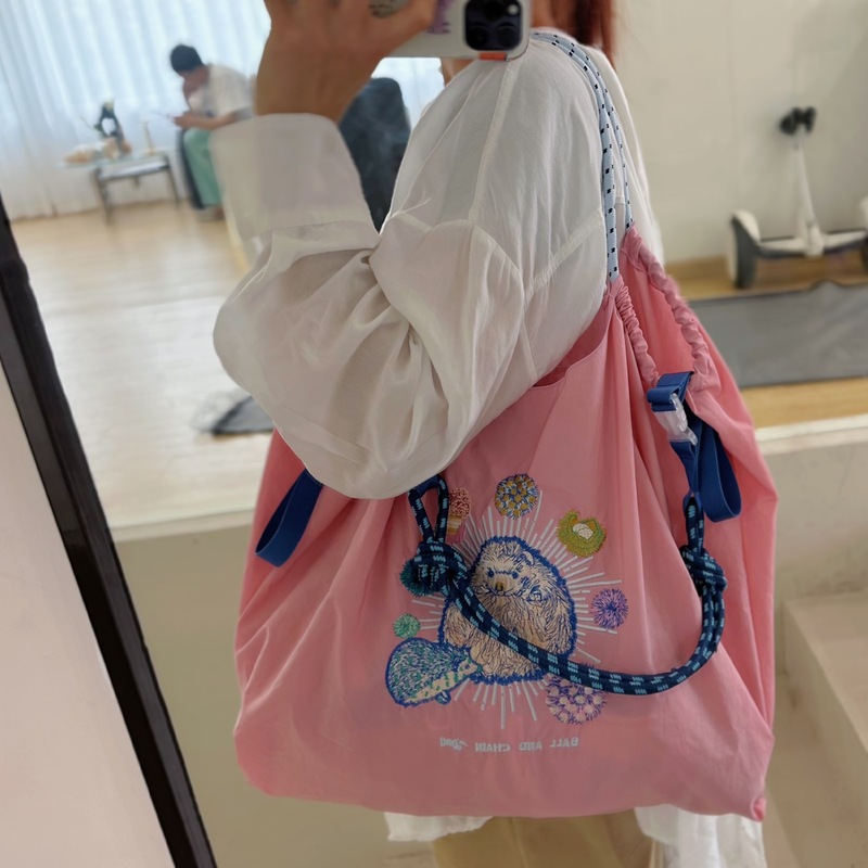 日系自作ボールチェーン環境保護レジ袋ナイロン布刺繍花手提げキャンバスバッグナイロンレジ袋|undefined