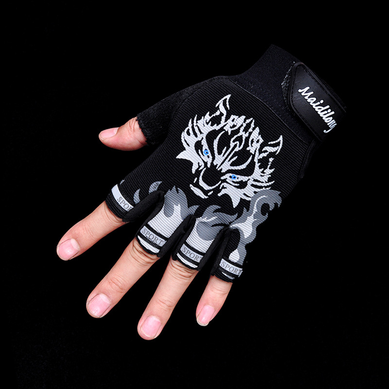 Half Finger Gloves Men's and Women's Autumn and Winter Sports Riding Breathable Fleece-Lined Children's Finger Half Warm Non-Slip Wolf Head Gloves