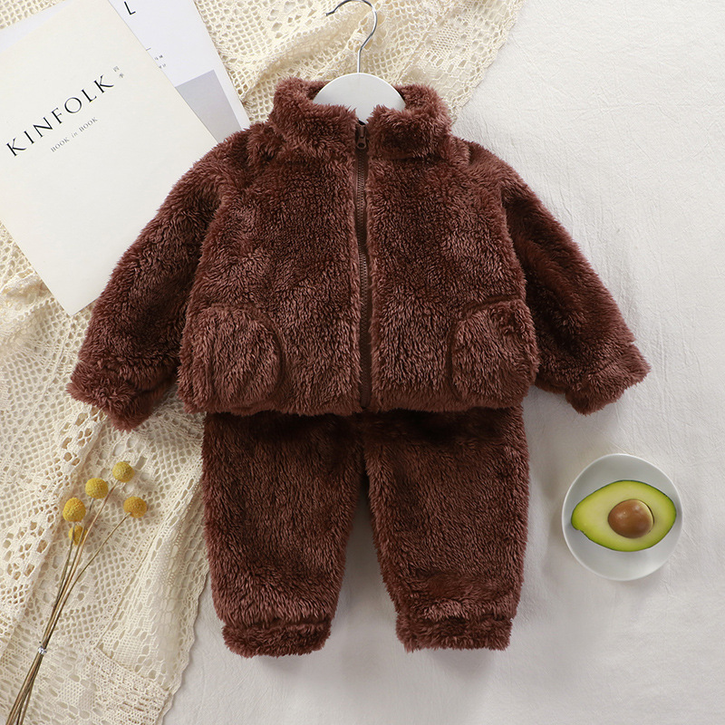 Children's Suit Autumn and Winter Boys and Girls Plush Warm Clothes Baby Solid Color Fashion Home Clothes Zipper Two-piece Set