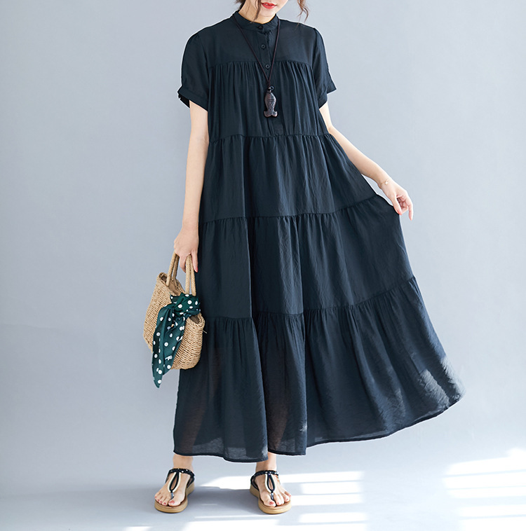 2024 summer multi-layered splicing large hem mid-length 180 catties fat MM loose solid color large size women's dress wholesale