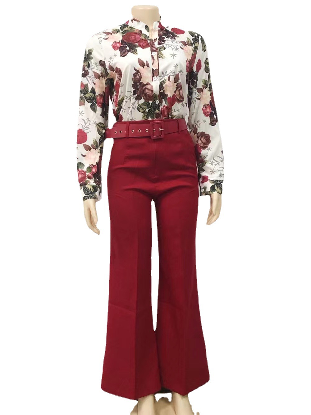 2024 European and American cross-border casual suit printed stand collar long sleeve shirt top wide leg pants two-piece set (including Belt)