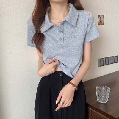 Love embroidered short-sleeved T-shirt for women summer  new Korean style polo collar versatile navel-baring short top trendy ins