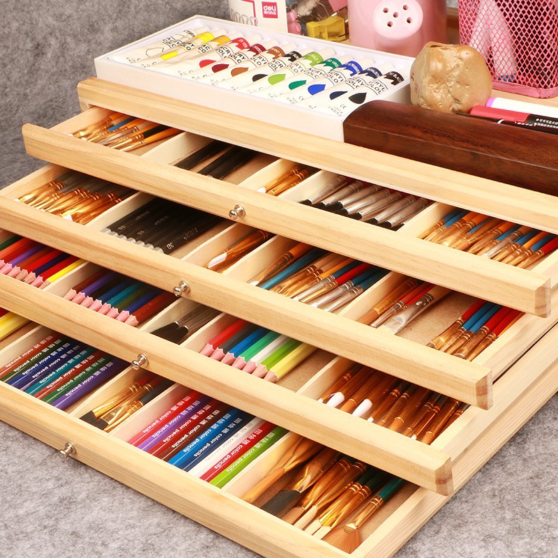 Portable Pine Marker Storage Box Painting Box Pencil Art Brush Multi-layer Drawer Brush Storage Box