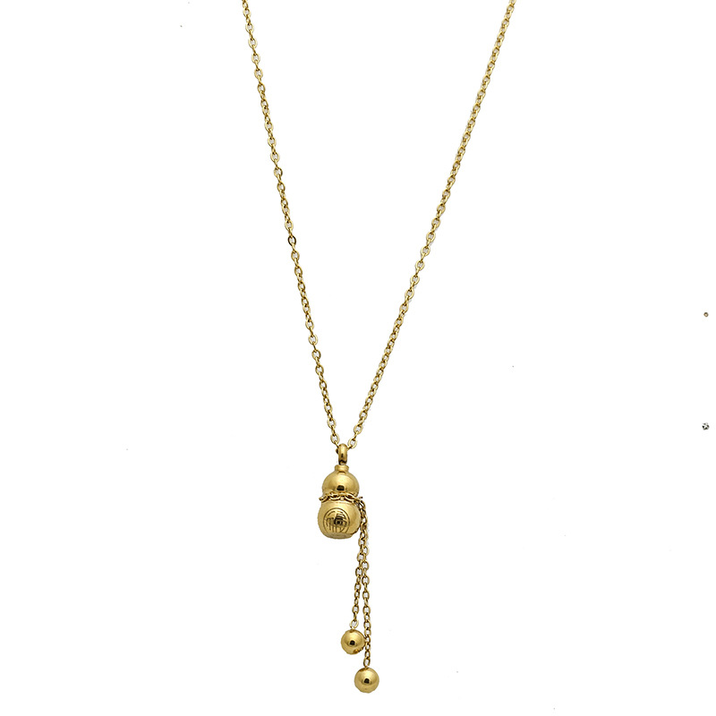 Vintage Gold Gourd Necklace Titanium Steel 18K Gold Folu Mini Gourd Solid Small Ball Tassel Clavicle Chain for Women