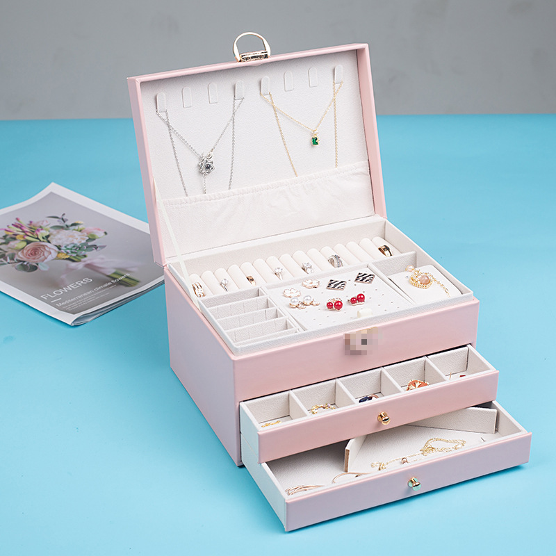 Jewelry Storage Box Large Capacity Three-Layer New Diamond Plaid Necklace Earrings with Lock High Jewelry Drawer Jewelry Box