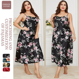 Summer New Plus Size Plus Size Ice Silk Pajamas Fashion Casual Pajamas Silk Imitation Sexy Printed Sling Nightgown
