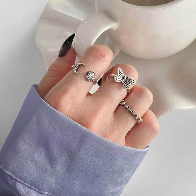 Creative Retro Sun Butterfly 3 Piece Set Open Ring Do Old Creative Personality Open Joint Ring_voghion.com