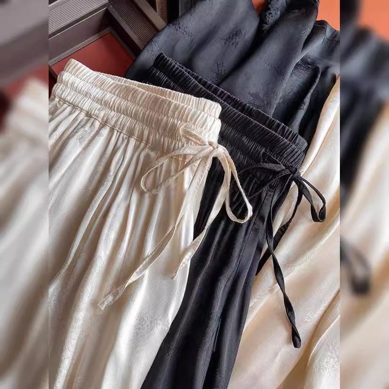 A line of big-name tail single-cut label satin drape acetate women's two-color jacquard wide-leg loose straight ice silk trousers