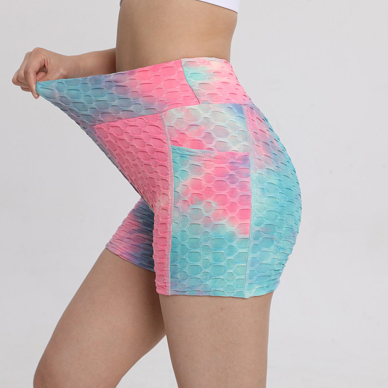 Fitness Shorts Women's European and American Tie-Dye Bubble Jacquard High Waist Hip Lifting Sports Bottoming Women's Pocket Yoga Shorts