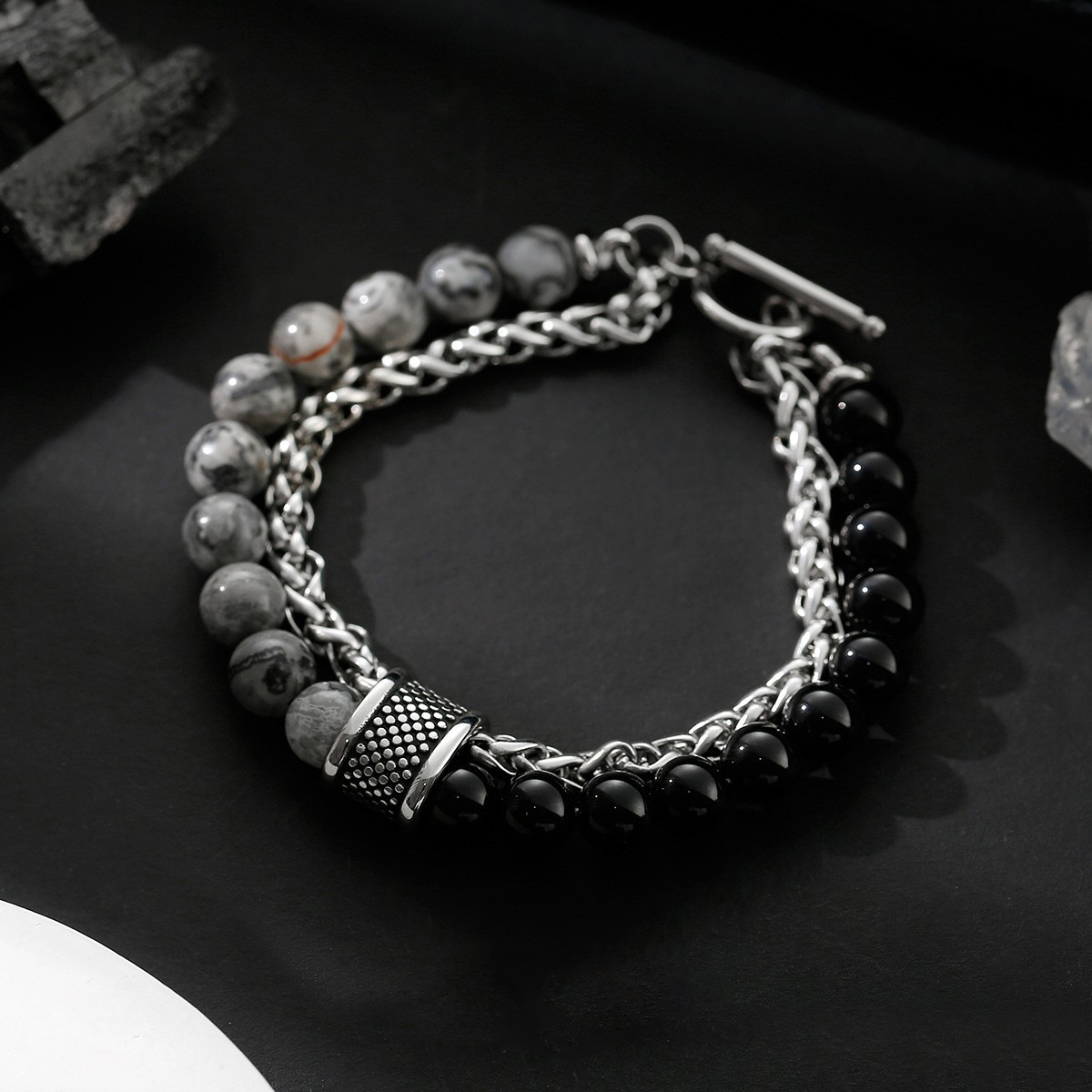 New European and American frosted map Stone Bracelet Men's double-layer beaded otbuckle transfer beads titanium steel all-match bracelet jewelry fashion