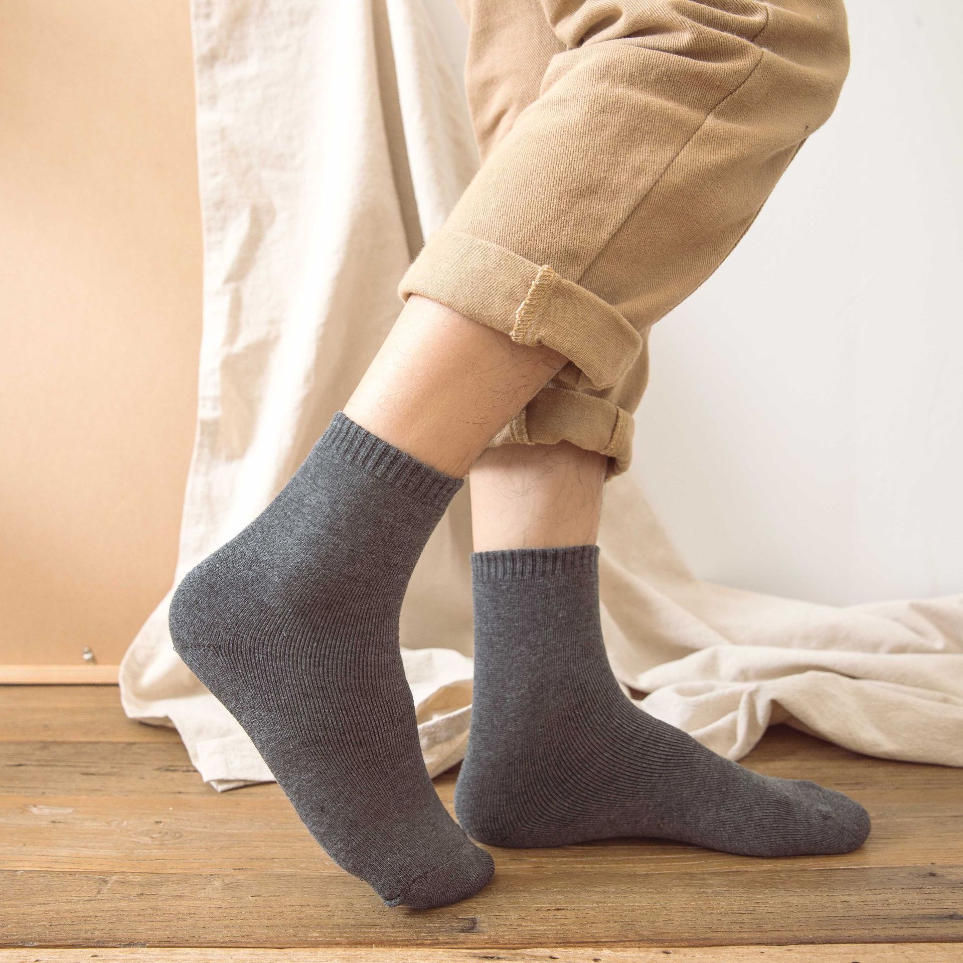 MUJI Japanese Good Quality Cotton Crew Socks for Men, Thick Ribbed Ankle Socks, Mid-Calf and Long Calf Socks for Autumn and Winter