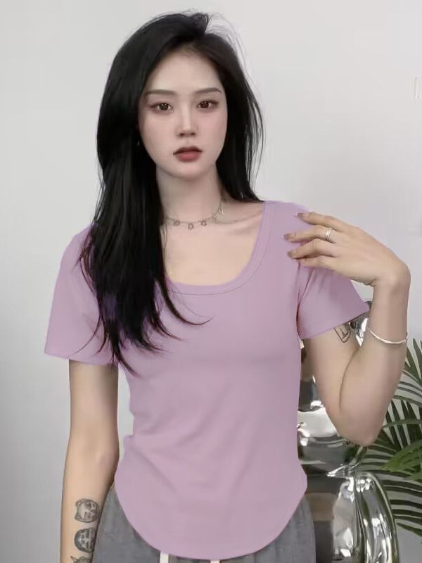 Thread Cotton Spice Girls Pure Desire Short-sleeved T-shirt Women's 2023 Summer New Slim-fit Slimming Base Shirt Elegant Top