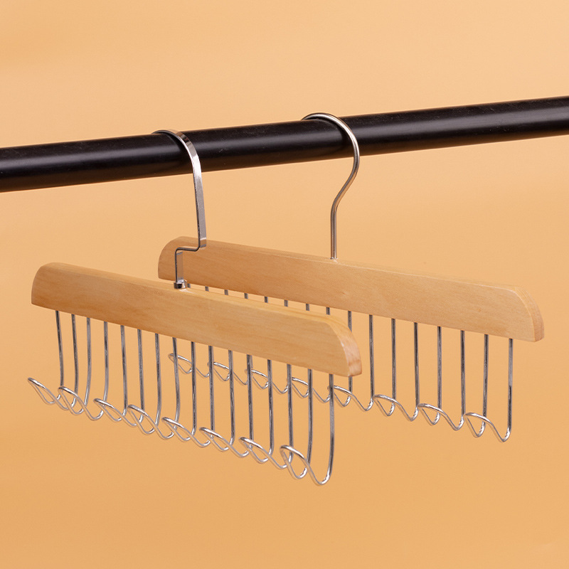 Wooden sling hanger multi-functional vest bag storage artifact dormitory household solid wood hook wave clothes hanger