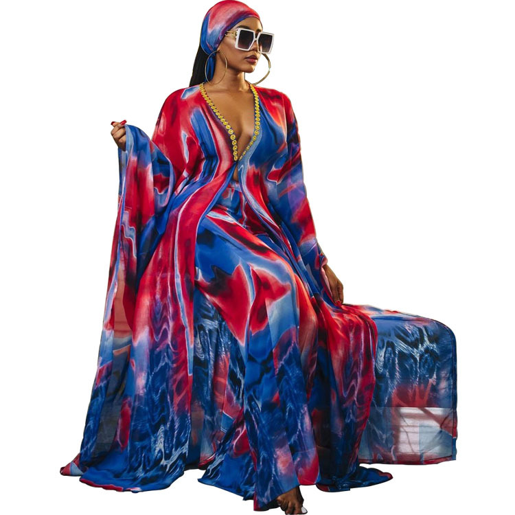 European and American Amazon New Digital Printed Chiffon Cardigan Loose Large Size Pants Two-piece Set African Robe