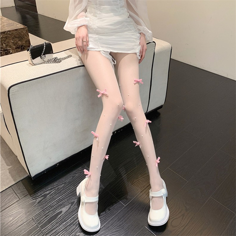 Sweet and Pure Bow Silk Stockings White Lolita Pantyhose Pearl Socks Women's Spring and Summer Ultra-thin Arbitrary Cut