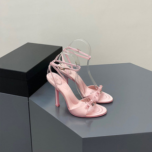 2023 New Summer Bow Satin High Heels Women's Sexy Rhinestone Letter Thin Heel Open Toe Sandals Pink